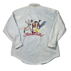 Looney Tunes VTG 90s Embroidered Button Up Shirt Acme Studios FLAW Blue L Large